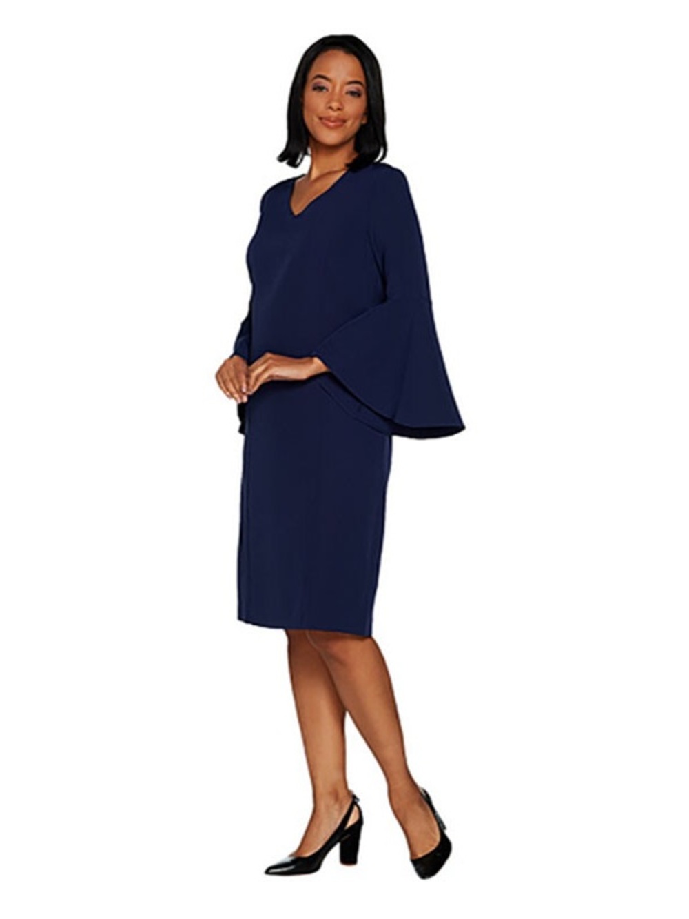 Belle Kim Gravel Dress L Navy Blue Bell Sleeve Stretch